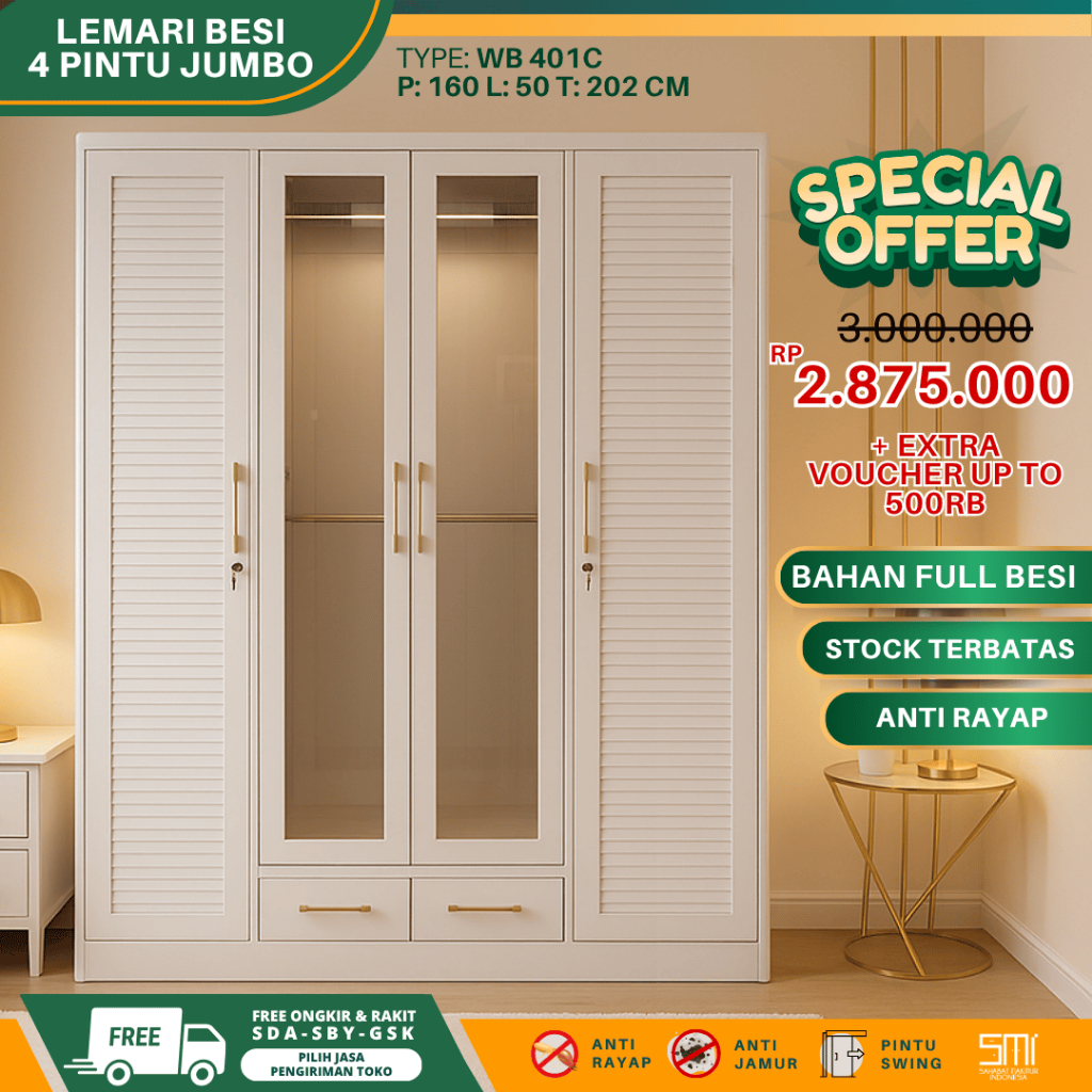 Lemari Besi 4 Pintu LED - Lemari pakaian sliding, lemari baju besi, lemari besi 4 pintu, lemari besi