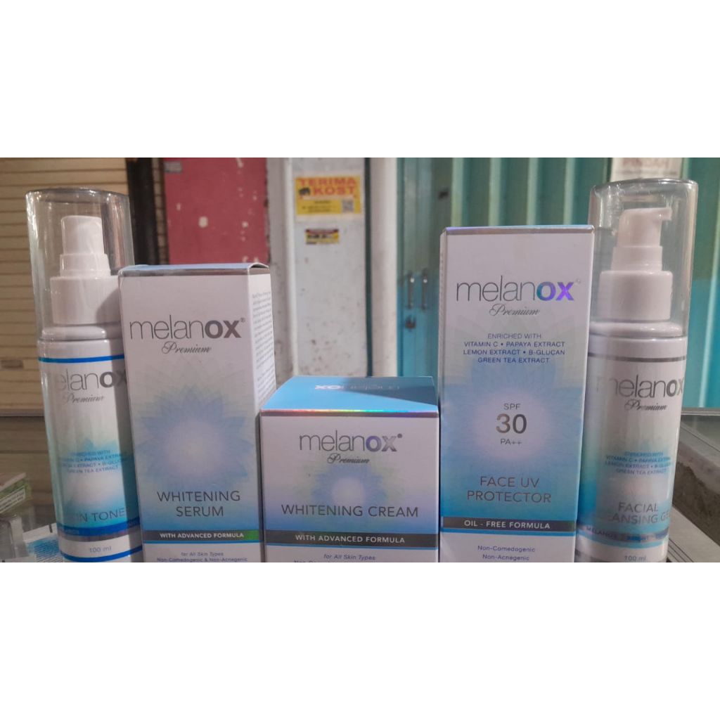 Paket melanox skin toner, melanox whitening serum , melanox whitening cream , melanox uv protector ,