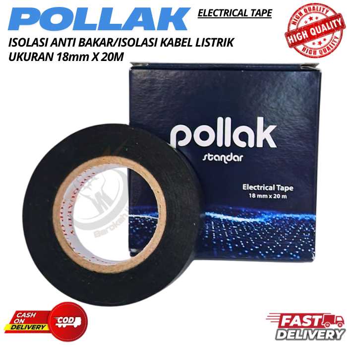 Solasi Kabel Listrik POLLAK 18mm x 20M (1 PCS) Lakban Hitam Kabel Listrik / Electrical Tape Isolasi 