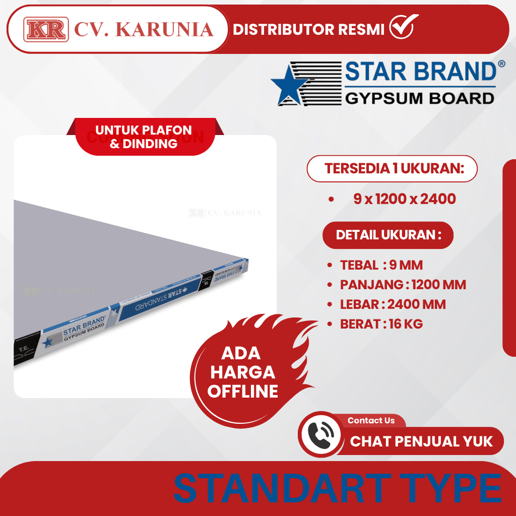 GYPSUM STAR BRAND 9mm by ELEPHANT | PAPAN GIPSUM Plafon Dinding Partisi 1200 X 2400 mm