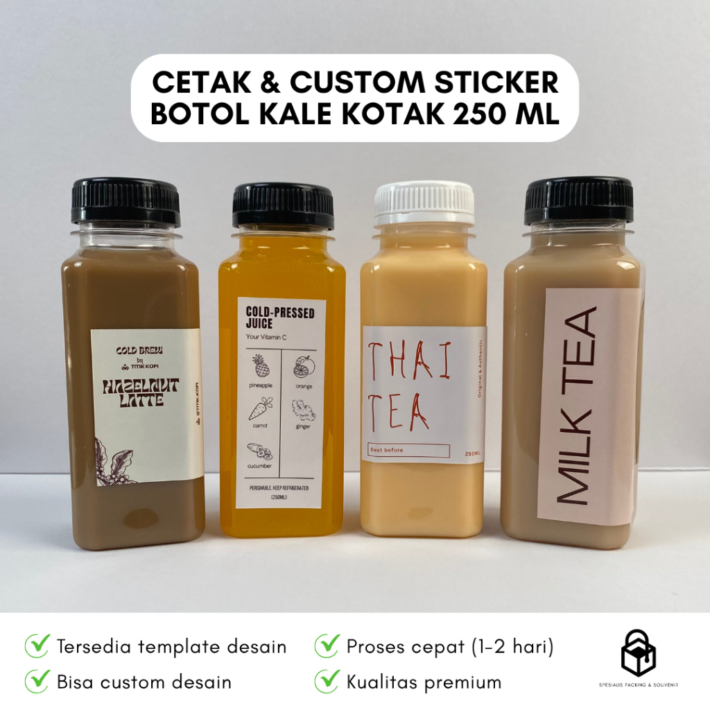 Cetak Custom Stiker Botol Kale Kotak 250 ml | Print Label Sticker Logo