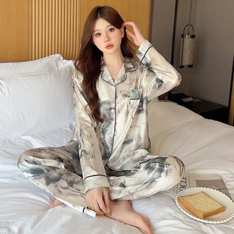 Piyama Satin Wanita / Set Baju Tidur Lengan Pendek Bergaya Korea dengan Lukisan Tinta Elegan - Nyama