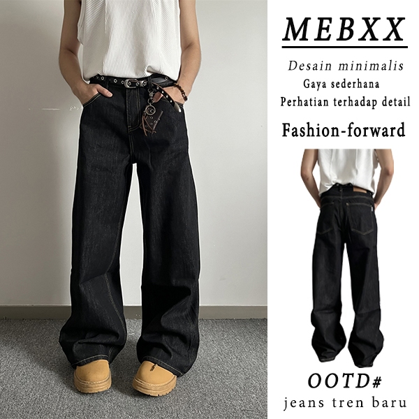 MEBXX Jeans Lurus Longgar Hitam Mentah untuk Pria Celana Kaki Lebar Serba Gunanya Gaya Korea yang Si