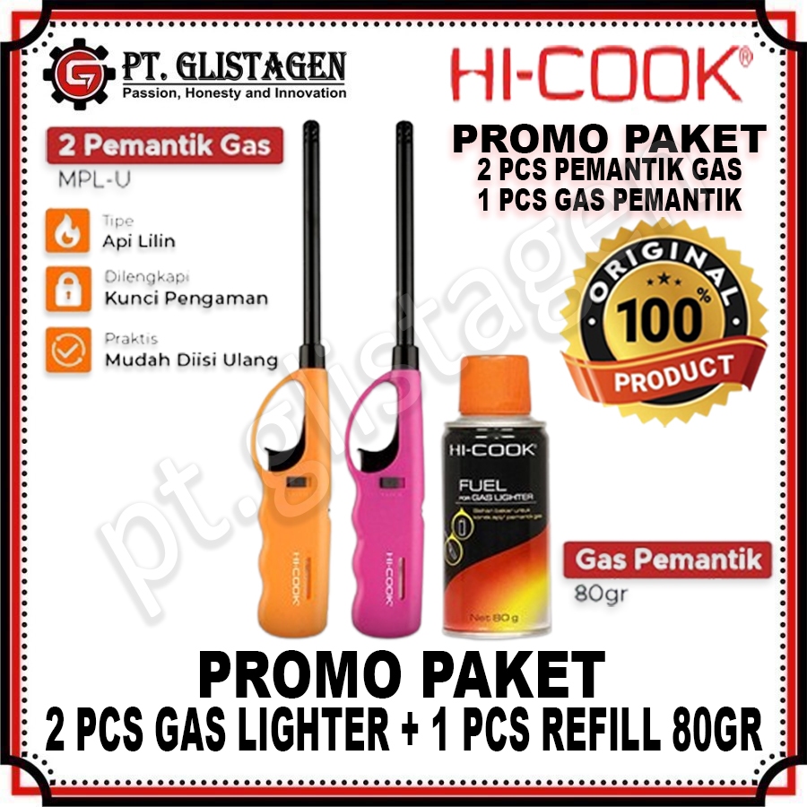 HI-COOK PAKET Korek Api Gas MPL-U 2Pc + Isi Ulang Pemantik 80Gram 1Pc ORIGINAL HI COOK
