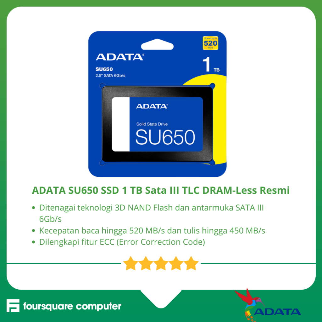 ADATA SU650 SSD 1 TB Sata III TLC DRAM-Less Resmi