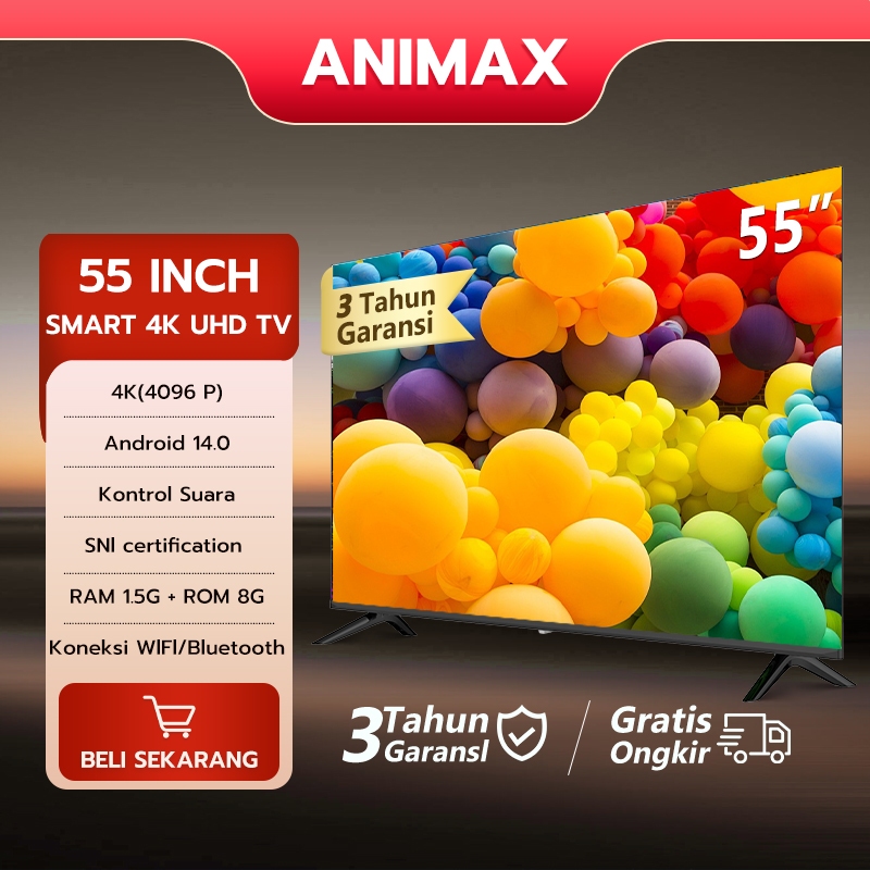 ANIMAX TV Android 55 inch 50 inch Smart TV LED 55 inch TV 4K TV Android Televisi Kontrol Suara-WIFI