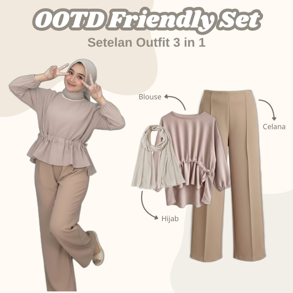 Setelan Remaja Perempuan ( Blouse Serut Tali, Celana Kulot Scuba, Hijab square ) one set ootd hijab