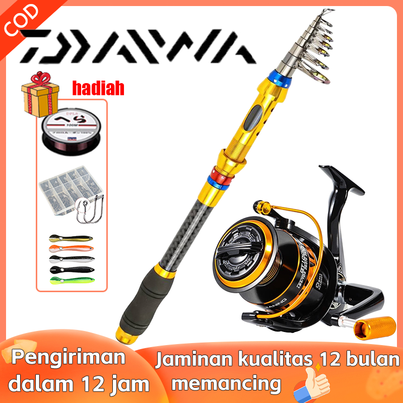 Setelan Pancing DAIWA - Joran Telescopic Serat Karbon + Reel Spinning (2.1-3.6m, 6-7 Bagian) Alat Le