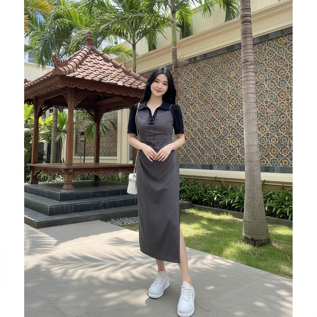 dress korea dress korea gaun hitam dress polos korean style dress panjang korean style K011