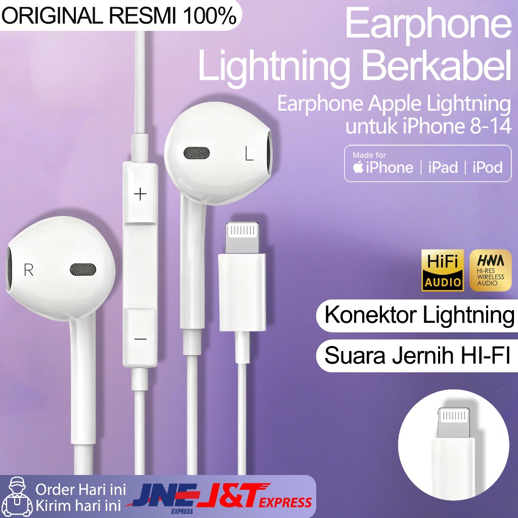 Earphone Kabel Original Apple - Cocok untuk iPhone 8/9/10/11/12/13/14/15/16/17 Pro Max, iPad, AirPod