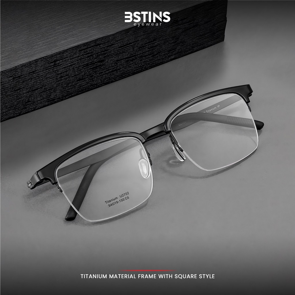 Bstins Kacamata Titanium+TR-90 Half Rim Kotak Pria Wanita Anti Blueray Photocromic High Quality U270