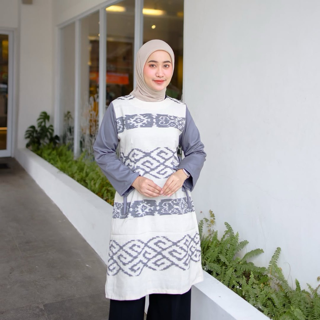 Dress Tunik Wanita Hijab Tenun Asli Kombinasi Lengan Panjang Polos