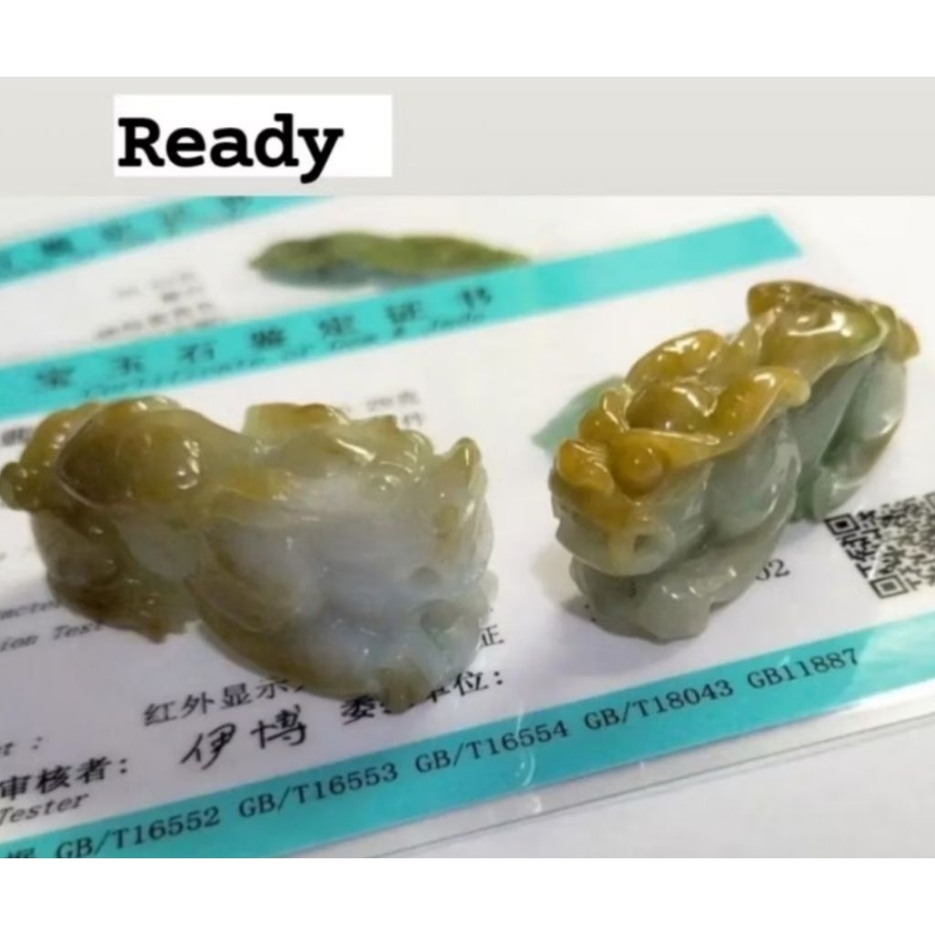 Sepasang Pixiu Giok Jadeite Fulushou Bersertifikat Grade A 0203