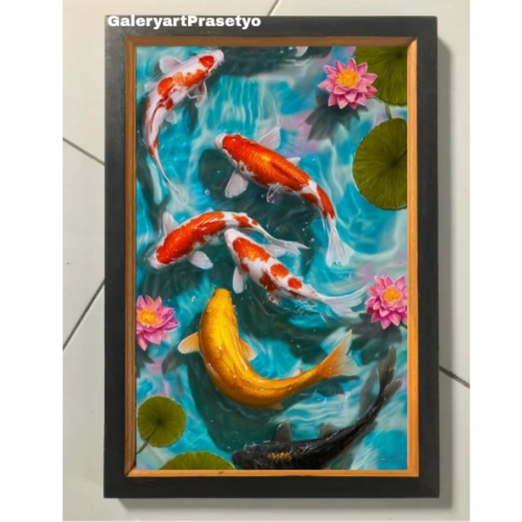 Hiasan Dinding Plus Bingkai Uk:35cm x 53cm Lukisan Cetak Ikan Koi Dan Bunga Teratai