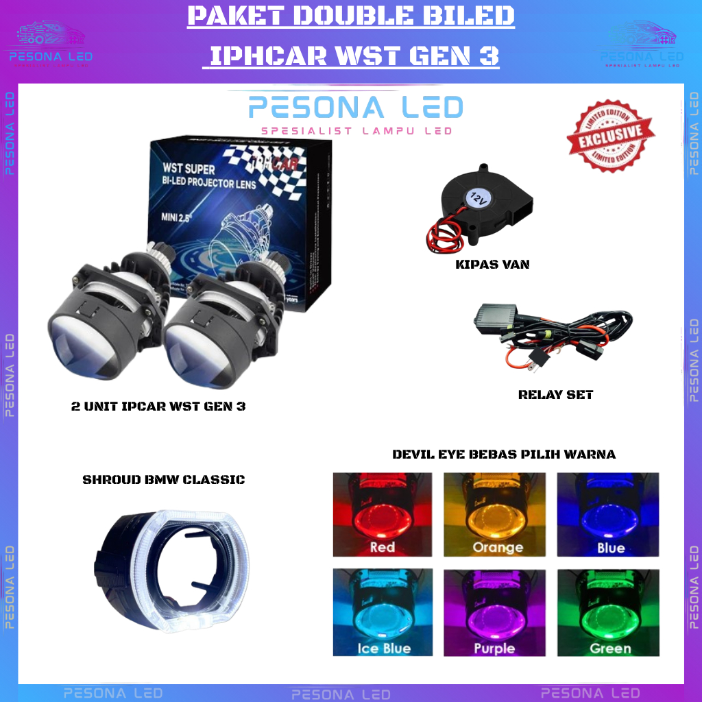 PAKET LENGKAP DOUBLE BILED Lampu BILED IPHCAR GEN 3 WST SUPER LASER 60W 2.5 INCH projector mobil mot