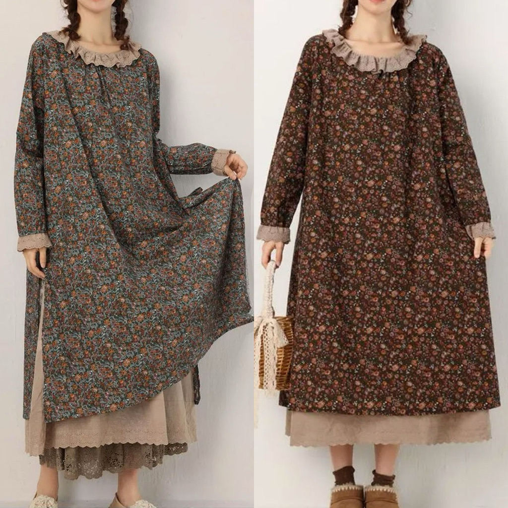 DRESS TUNIK PREMIUM OVERSIZE KATUN BIRU COKLAT NAVY BUNGA BELAH SAMPING LAYER KATUN BORDIR KOREA IMP