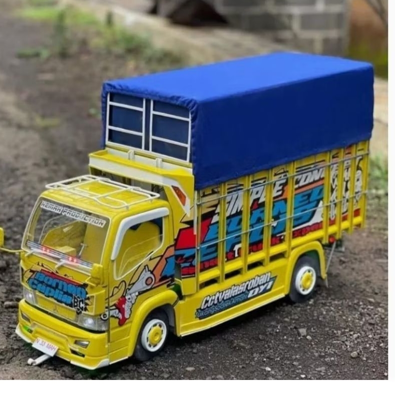 Promo grosir miniatur truk trek oleng canter kuning herex variasi lampu LED RGB dan terpal mainan an