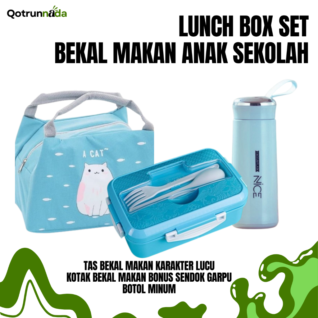 Kotak Bekal Tempat Makan Anak Sekolah Perempuan Laki Laki TK SD Anti Tumpah Lunch Box Set Tas Karakt