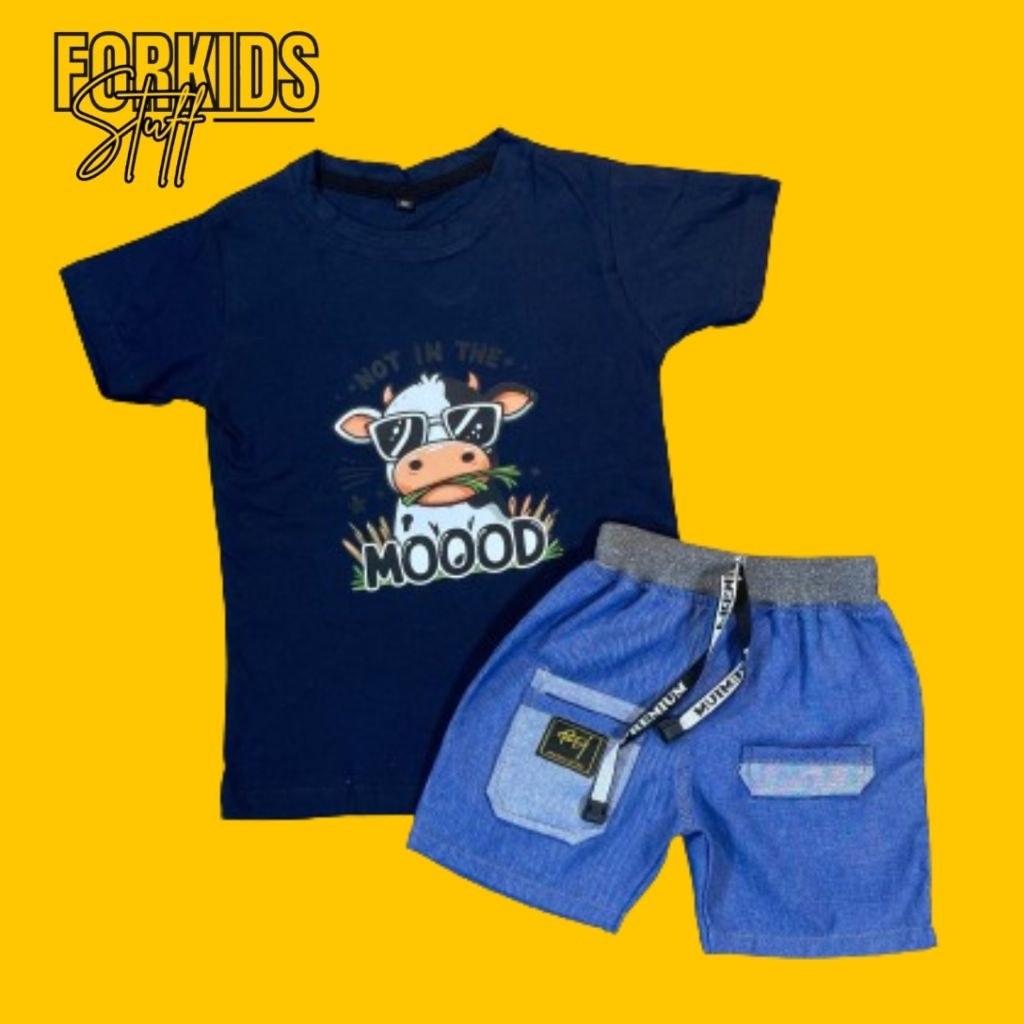 Setelan Kaos Anak Katun 30s Dan Celana Jeans 1 - 8 Tahun  Baju Anak Motif Sapi dan Celana Jeans