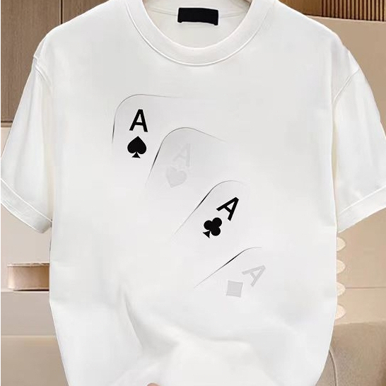 Kaos Oblong Putih Desain Kartu Remi Aces Keren, Gaya Poker Elegan, Bahan Katun Premium Nyaman, Fashi