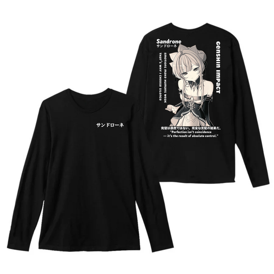 Kaos Crewneck Lengan Panjang Sandrone Genshin Impact Katun Tebal Hitam Combed 24s Pria/Wanita T-Shir