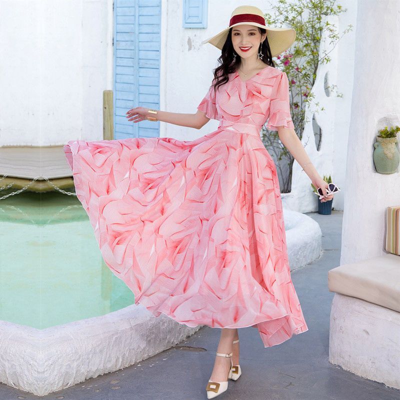 Pink Dress Chiffon Korea | Bohemian Dress Pantai Wanita Lengan Pendek V-neck Premium