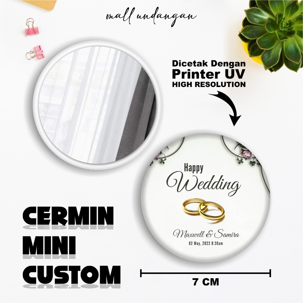 SOUVENIR CERMIN KACA BULAT CUSTOM NAMA - SOUVENIR PERNIKAHAN KACA MINI CANTIK 7 CM