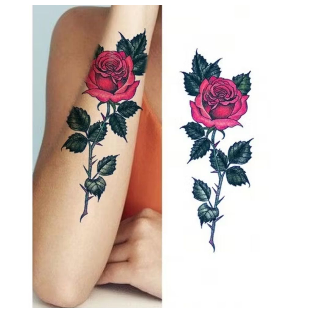 ( COD ) Tatto temporer XQB 070 MAWAR TANGKAI PINK size 12x22 tatto temporary stiker tatto tubuh tang