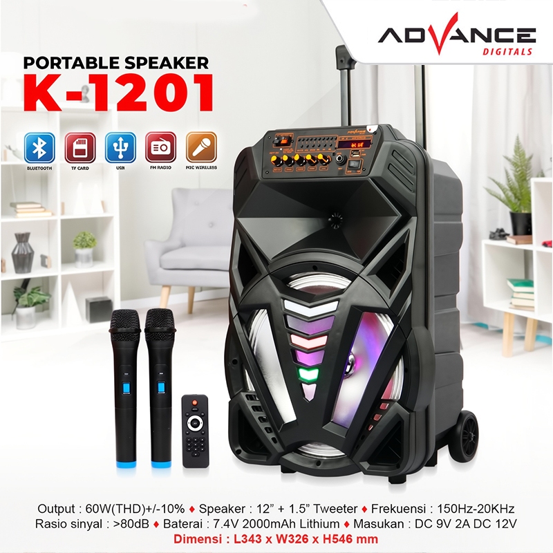Advance 12" Speaker Aktif 60W Bluetooth Bass Salon Free 2 Mic Wireless Speaker Meeting K-1201