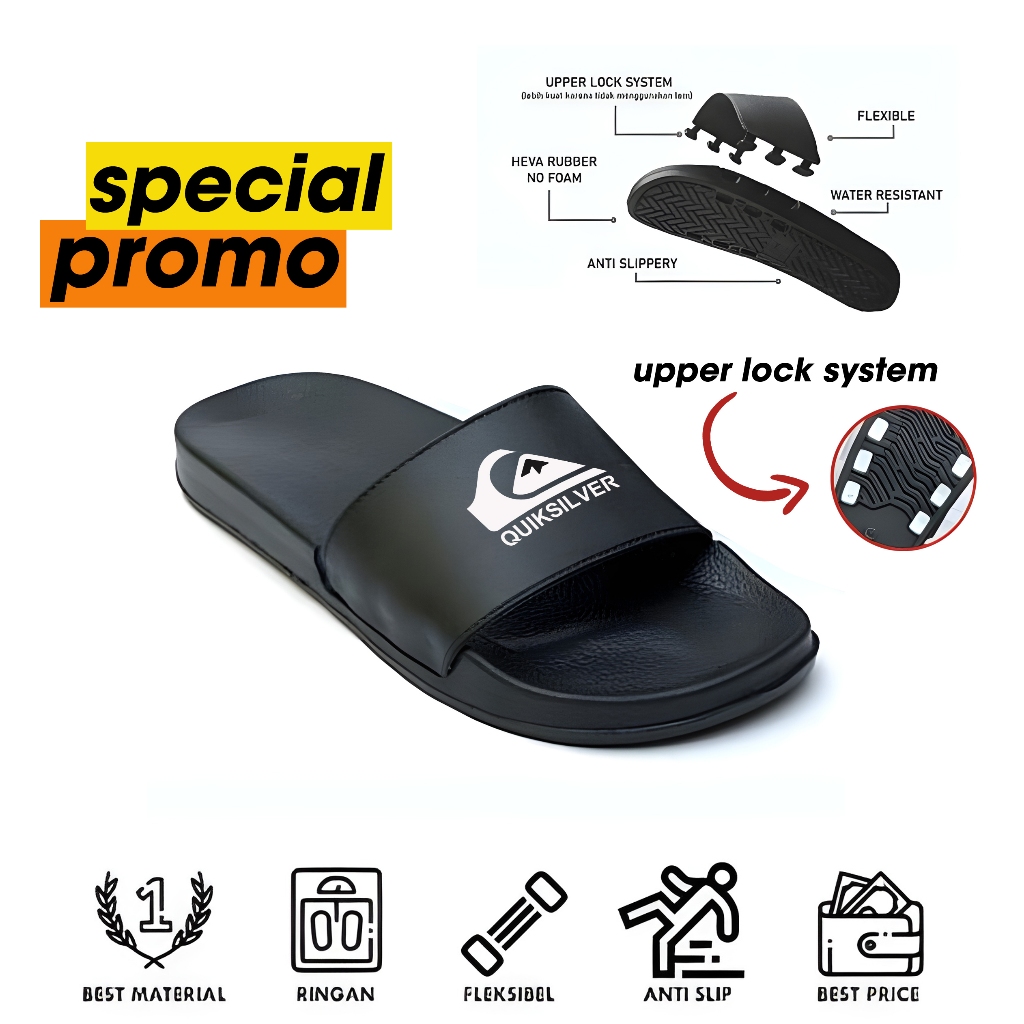 Sandal Slop Pria Wanita Distro Karet Api Ungu Hitam Original 100% Size 38 - 43 Quicksilver