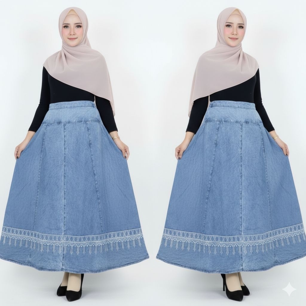 FLASH SALE • SELAMA STOK ADA | Rok jeans bordir payung lebar / rok bordir jeans / rok lebar mayung /