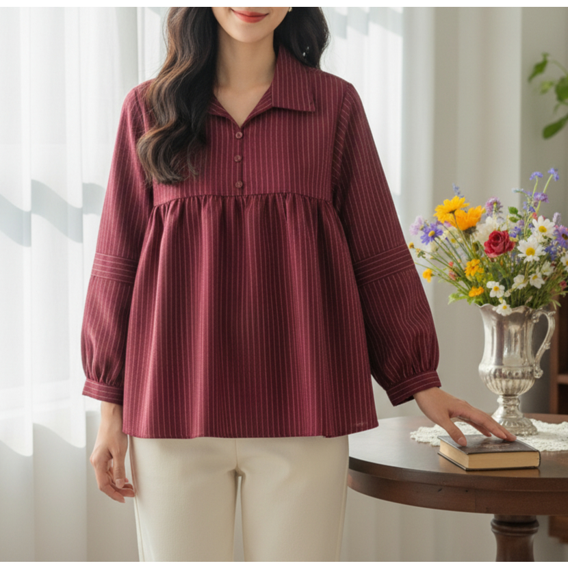 Kemeja Wanita Garis-garis Lengan Panjang