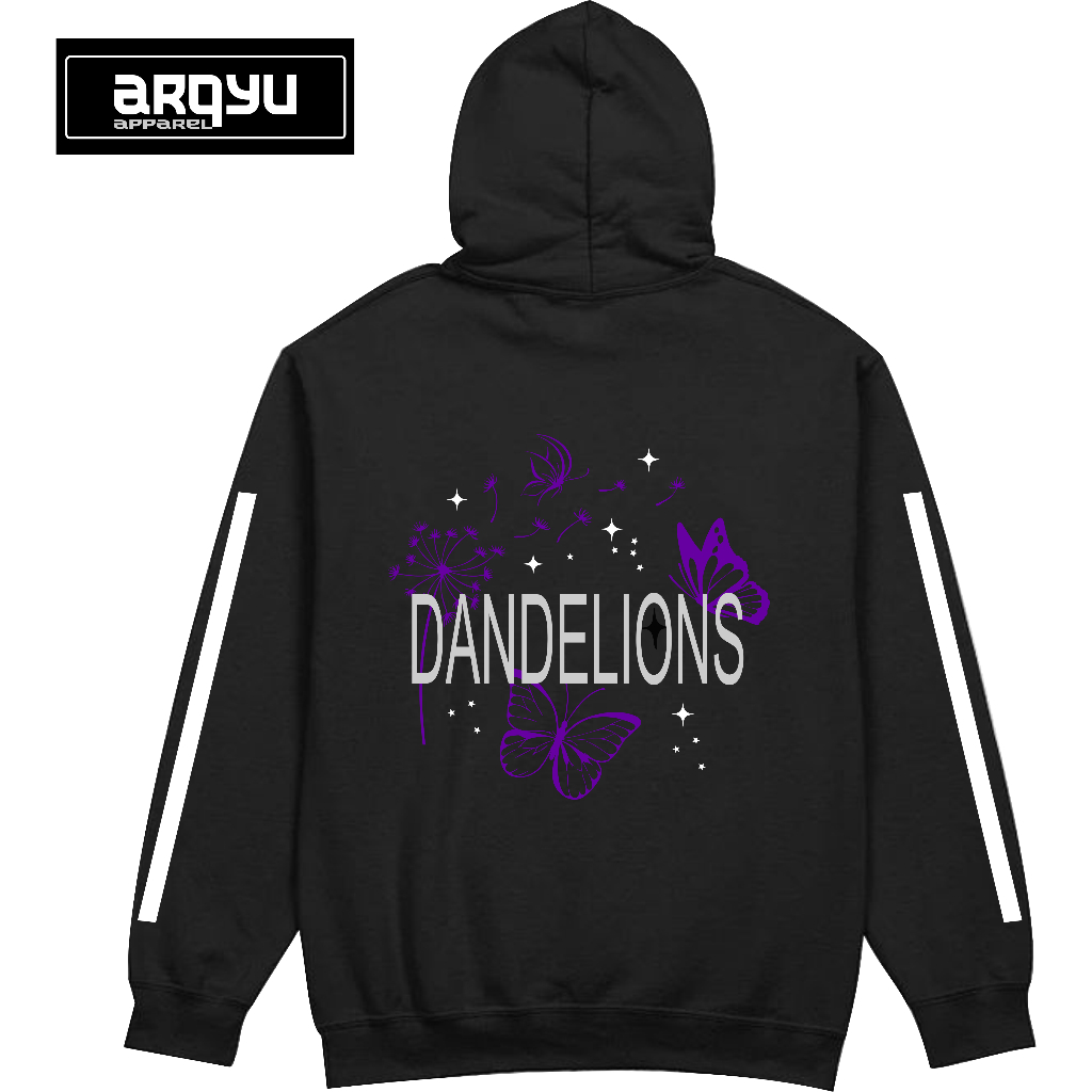 ARQYU Sweater Hoodie menyala DANDELIONS fleece hitam 300gsm