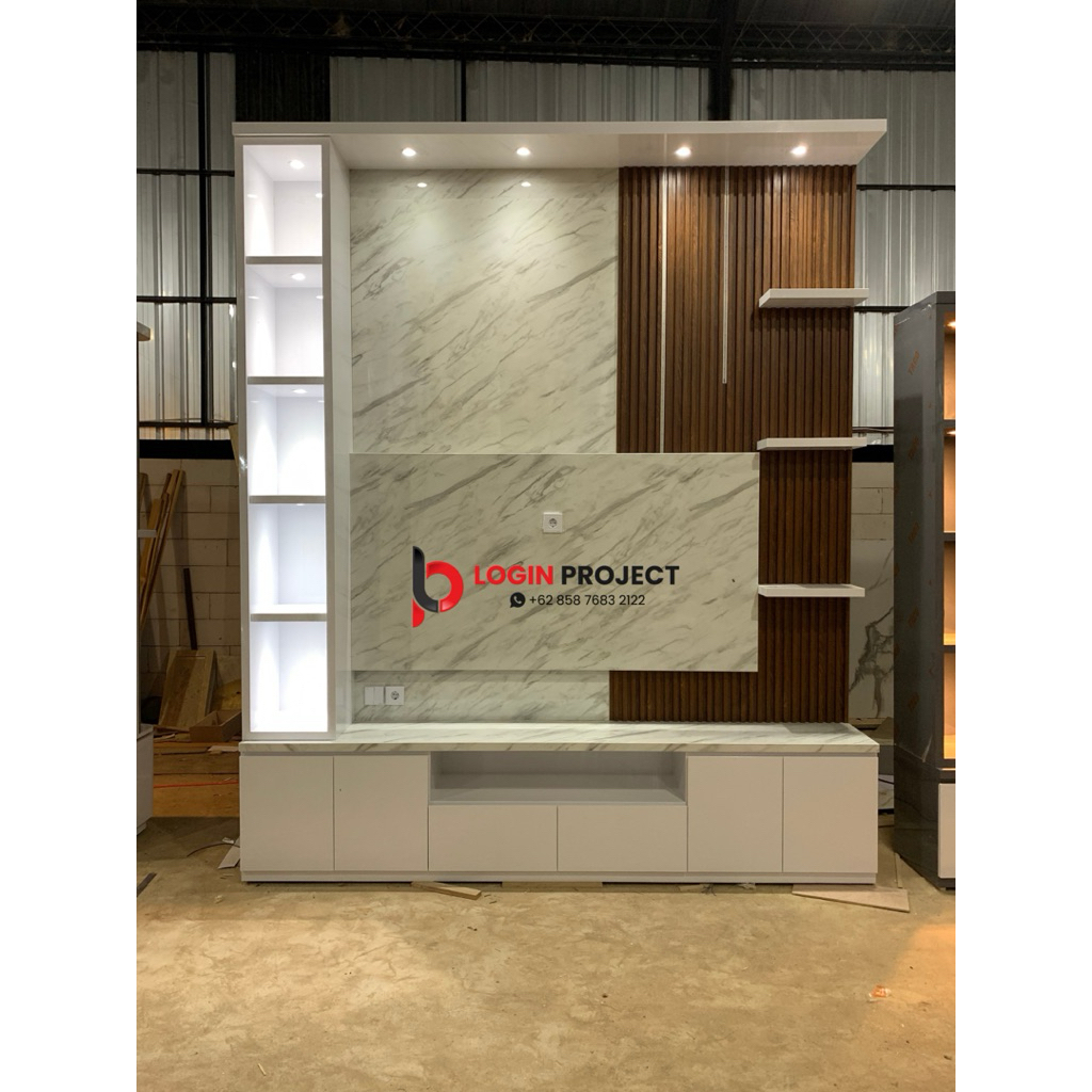 Backdrop TV Kombinasi Lampu LED Strip - Meja TV Estetik - Motif Marmer - Rak Ambalan TV - Login Proj