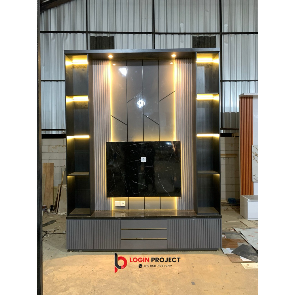 Backdrop TV Mewah Elegan - Laminasi HPL Motif Marmer - Kabinet TV - Rak TV - Login Project