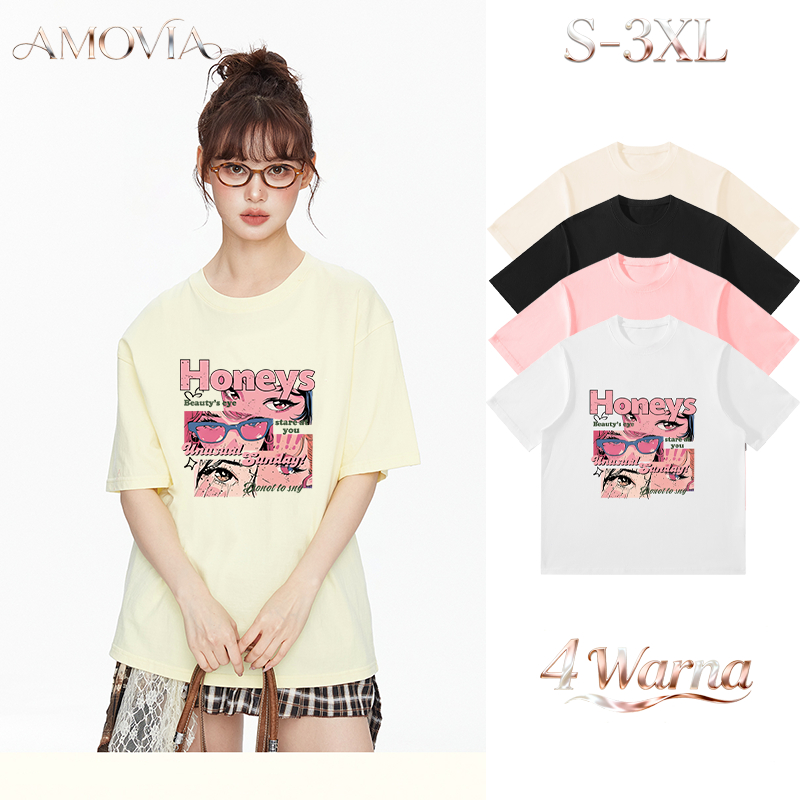 AMOVIA Kaos Wanita Cetakan Gaya Jepang Retro Trendy Imut dan Fashionable Katun Combed 24s 210 Gram P