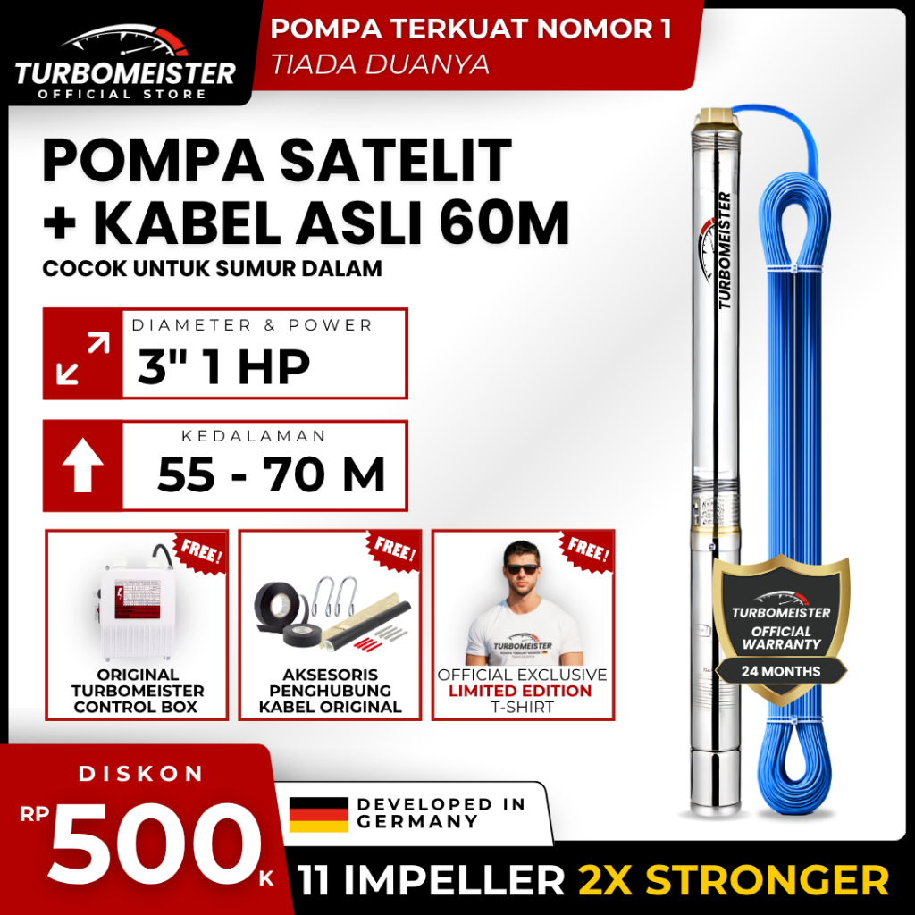 Pompa Satelit 3 Inch Turbomeister 1 HP + Kabel 60 Meter - Submersible / Sibel - Sumur Dalam 70 M