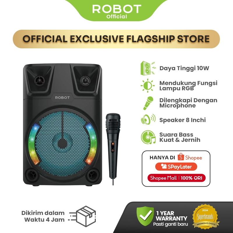ROBOT Speaker Karaoke Bluetooth 5.3 Outdoor Super Bass 10W Mikrofon Kabel Speaker Luar Ruangan 8 Inc