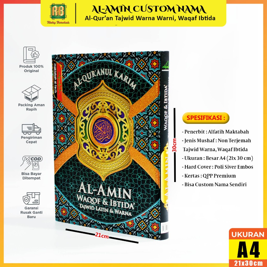 Al Quran Tajwid Warna Warni Waqaf Ibtida Al Amin A4 Besar dan A5 Sedang Alquran Custom Nama