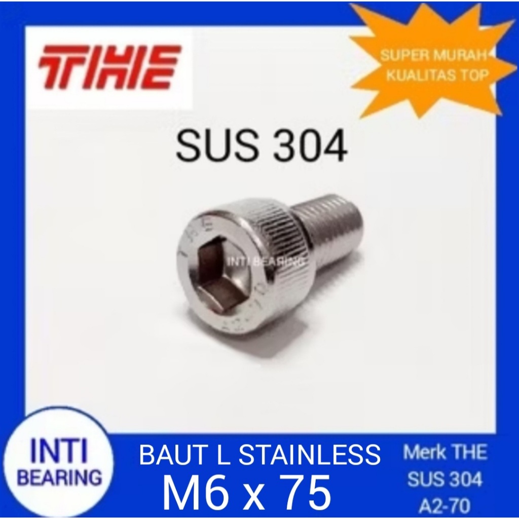 BAUT L STAINLESS M6x75 MERK THE M6 x 75 SS SUS 304 HEX SOCKET HEAD CAP SCREW KUNCI L5 L 5 PITCH 1,0 