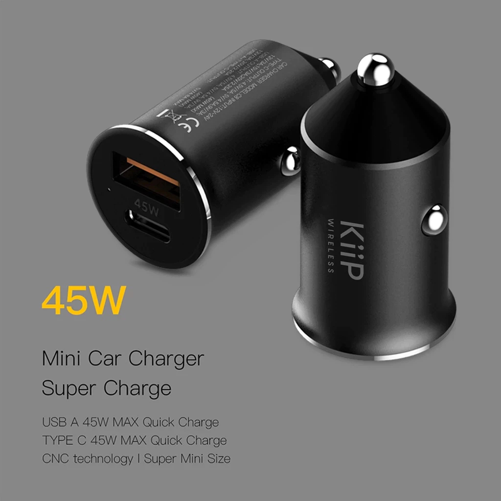 KiiP Wireless C8 Type-C+USB Fast Charging Car Charger Mobil 45W Mini Car Charger