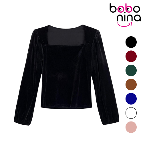 Ninabobo SL033 Korean Blouse Velvet Top Square Neck Long Sleeve Bluse Lengan Panjang Puff