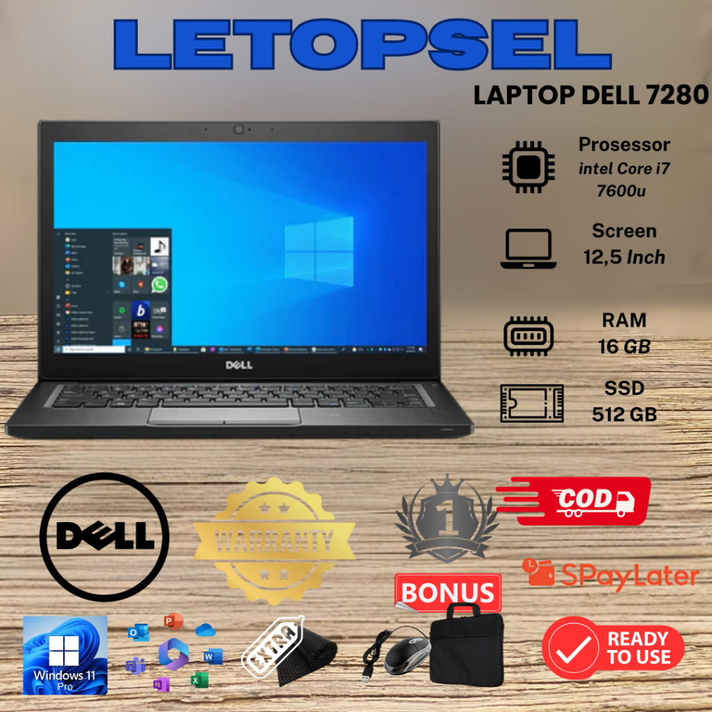 LAPTOP DELL 7280 I7 7TH TOUCHSCREEN RAM 16GB/256 SSD// FREE TAS LAPTOP & MOUSE