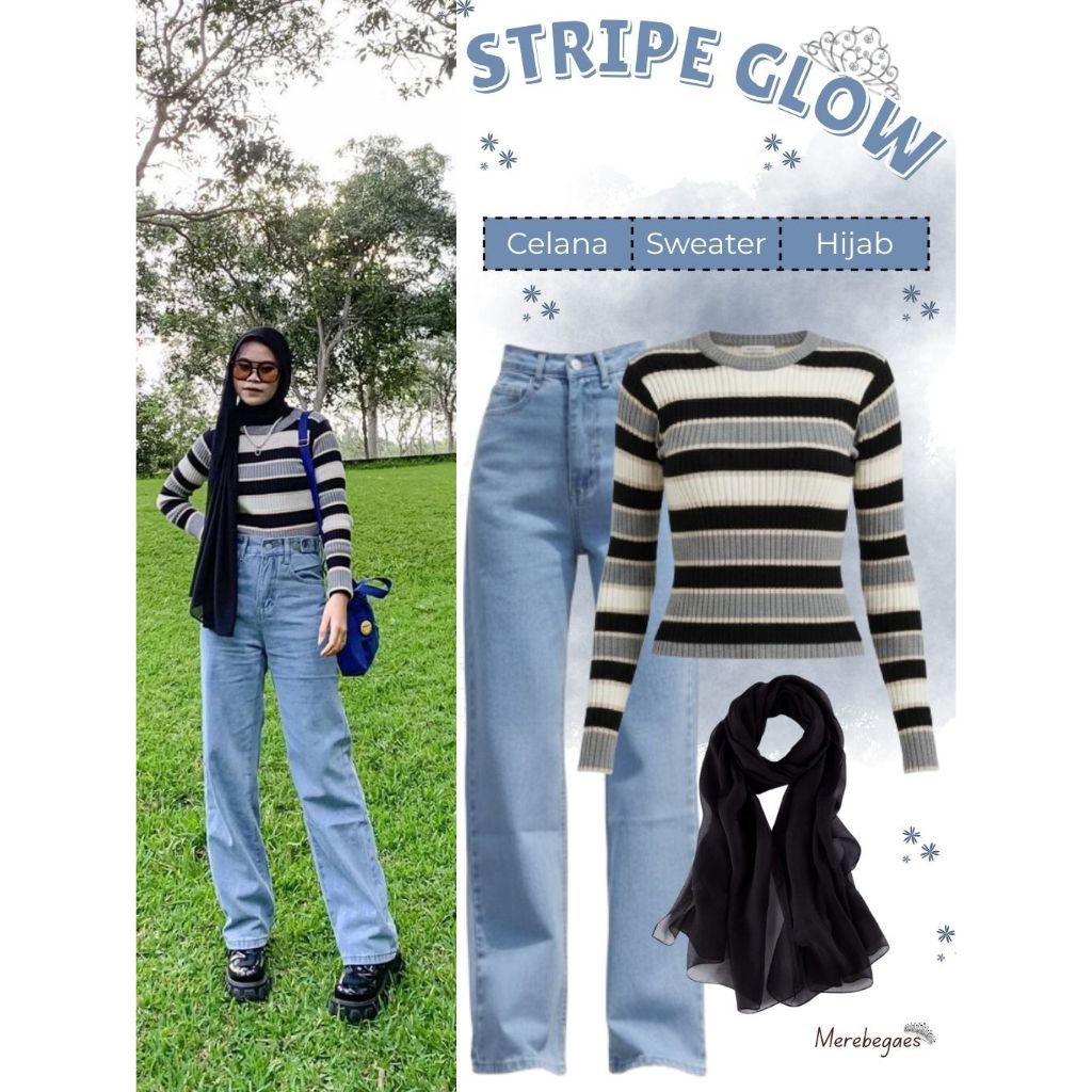 Baju Wanita Remaja Kekinian - Celana Jeans + Sweater Knit + Pashmina Ceruty - One Set 3 In 1