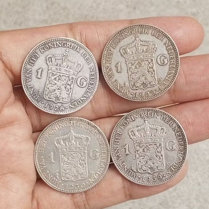koin perak 1 Gulden Wilhelmina thn 1928,1929,1930,1939 lot 4kpg