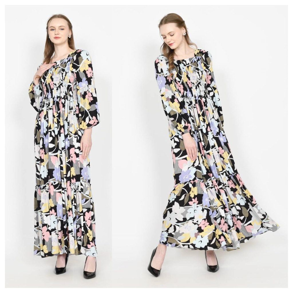 GHEA SMOKE | Yumna Dress Smoke Wanita |Abel Dress Panjang Kerut Dada | Dress Wanita Semok | Daster S