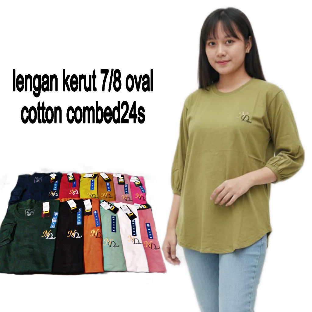kaos oversize lengan 7/8 kerut wanita