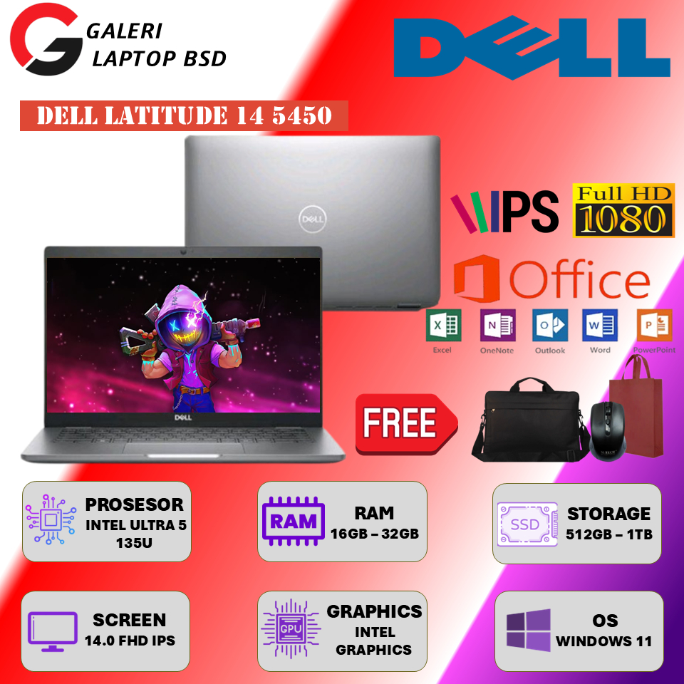 Laptop DELL Latitude 14 5450 Intel Ultra 5 135U 32GB DDR5 SSD 1TB Layar 14" Full HD Windows 11 Pro