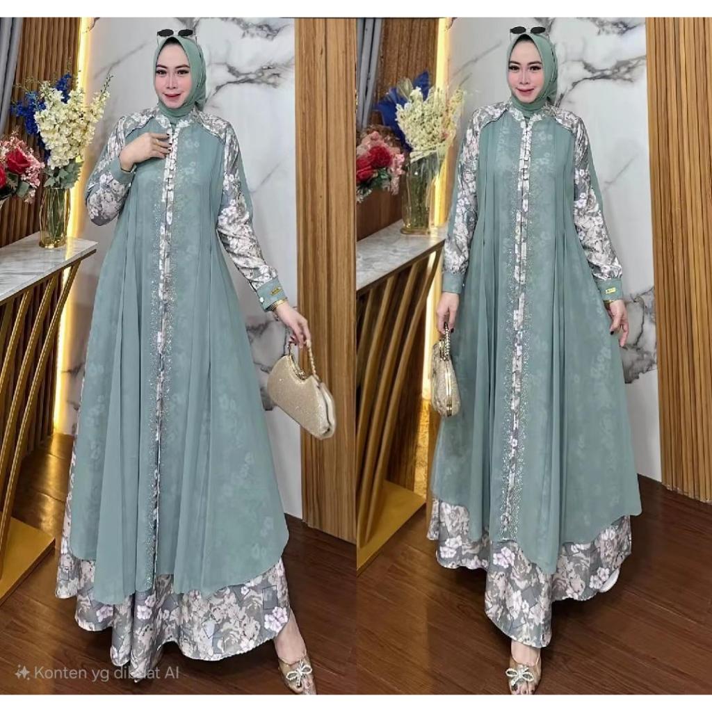 Gamis Ditania Mix Ceruti Motif Bunga Rompi Nyatu