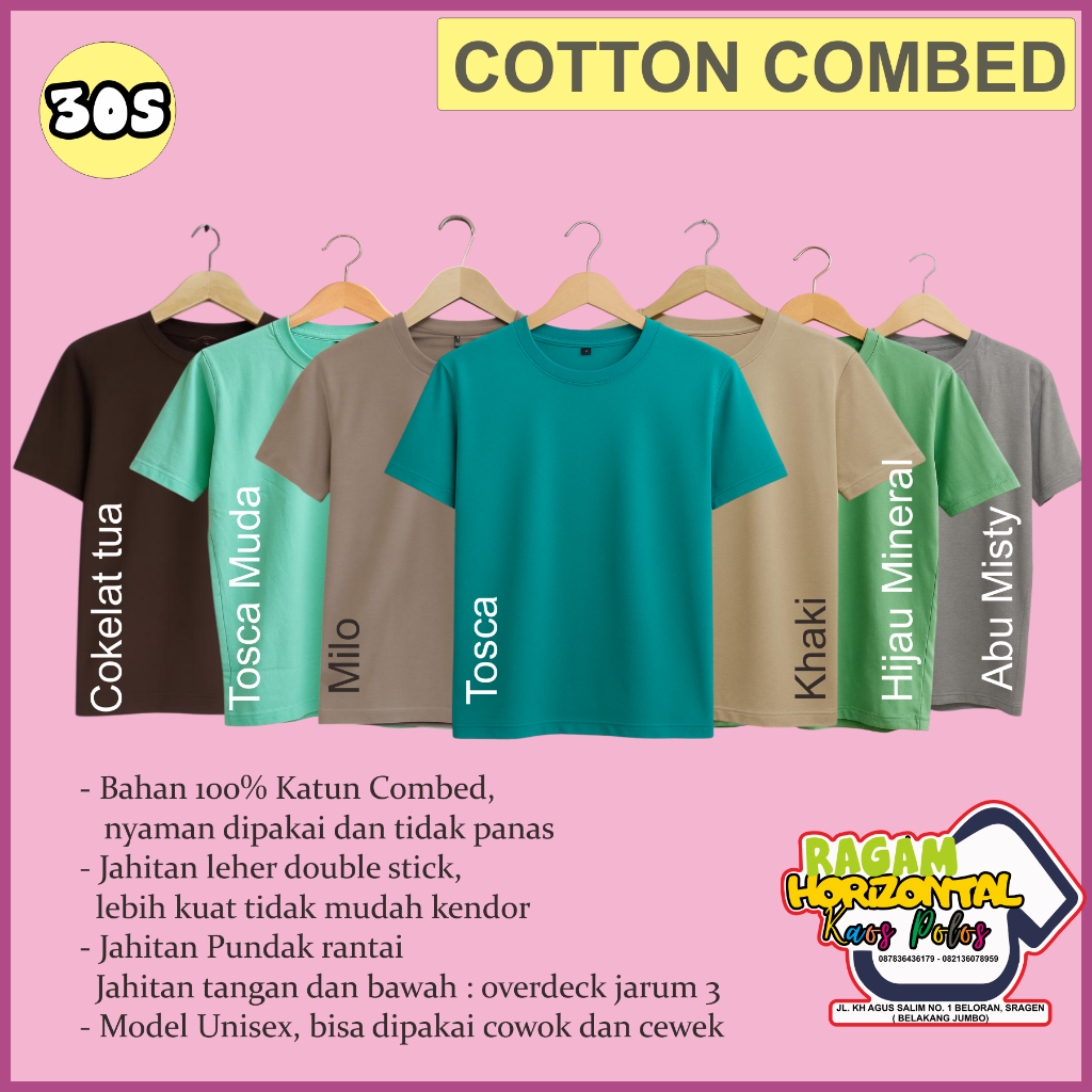 HORIZONTAL KAOS POLOS COMBED 30S HIJAU TOSCA, TOSCA MUDA, MINERAL GREEN, COKELAT TUA, MILO, KHAKY, A